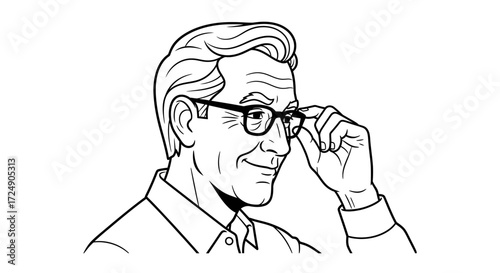 Sharp monochrome drawing of a confident mature professional adjusting his glasses, making eye contact, exuding trust and competence in vector style