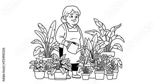 Adorable grandmother tending her garden with love, watering plants in pots, a heartwarming scene for family projects and artistic coloring books