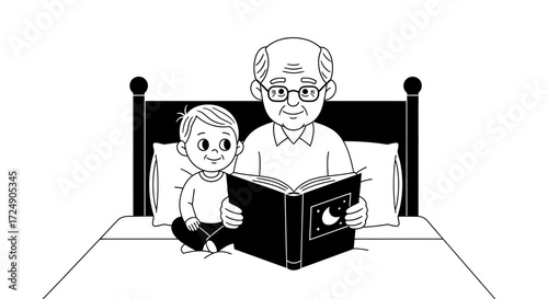 Grandfather reading a bedtime story with moon and stars to a happy child in bed, creating cherished memories and family bonding