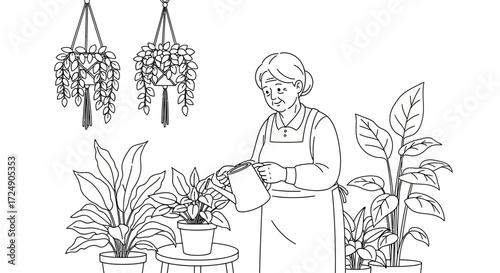 Grandmother nurturing indoor plants with care, bringing life and joy to her home, a heartwarming scene of gardening and love in black and white
