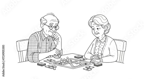 Charming grayscale illustration of an elderly couple enjoying a board game together, perfect for heartwarming family stories and intergenerational connection concepts