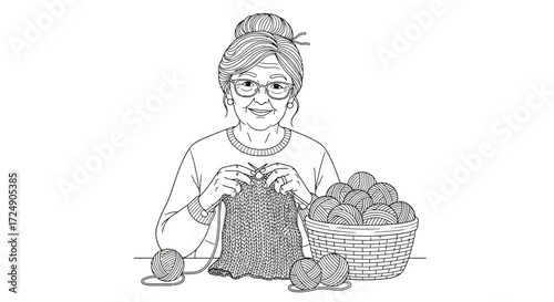 Charming hand-drawn illustration of a senior woman knitting with a basket of yarn, perfect for cozy crafts or family history projects