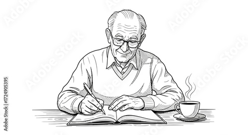 Serene senior man journaling with coffee at his side, capturing memories and enjoying a quiet moment of reflection, simple line art drawing