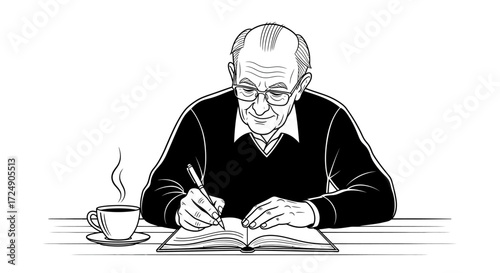 Thoughtful senior man writing in journal with a warm cup of coffee, capturing wisdom and reflection in monochrome illustration for your project
