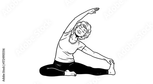 Senior woman gracefully stretching in yoga pose for fitness and wellness promotion, showcasing flexibility and healthy aging lifestyle benefits