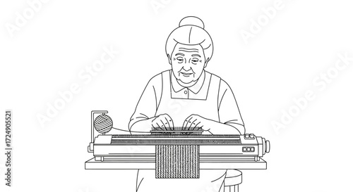 Grandma's loving hands knit with care, creating warmth and comfort with every stitch on her classic knitting machine in a charming monochrome scene