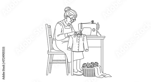 Charming grandma sewing clothes with vintage machine, craftwork in progress, creating handmade garments with care and love, nostalgic home hobby