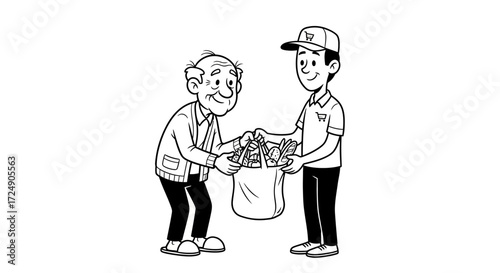 Kind grocery worker helps senior with groceries, delivering food with a smile and friendly assistance, highlighting community support and care