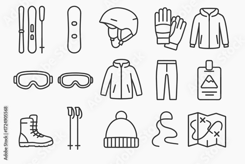 Skiing and snowboarding gear essentials: icon set featuring helmet, gloves, boots, and jacket