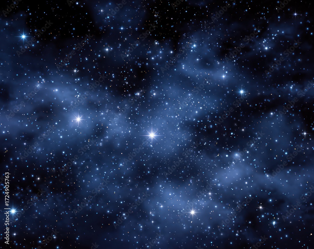 Fototapeta premium Dazzling starfield with a nebulous, dark blue gas cloud across the night sky, bright pinpoints of light, and cosmic dust formations