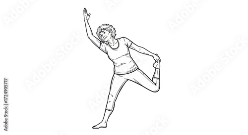 Active mature woman practices yoga pose for wellness, flexibility, and healthy lifestyle promoting vitality and relaxation, a serene fitness moment