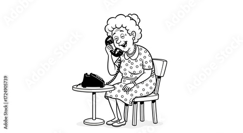 Cheerful grandmother joyfully chatting on vintage phone, sharing stories and laughter with loved ones, connecting generations through timeless communication