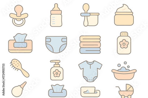 Baby essentials: pacifier, bottle, diaper, onesie, and more icon set