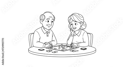 Loving senior couple enjoys playing board games at home, perfect for family time promotions or retirement living campaigns, showing happiness and connection