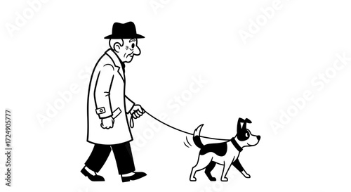 Charming line art of an older gentleman walking his happy dog, a classic and heartwarming scene perfect for any project needing a touch of nostalgia