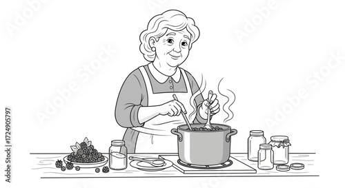 Classic illustration of Grandma lovingly making homemade jam, perfect for a vintage, comforting feel in your next product or design project