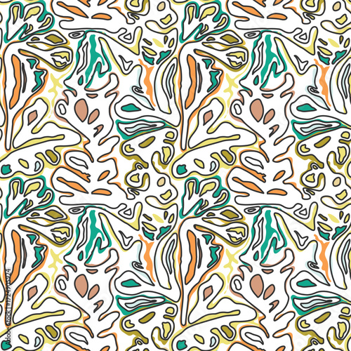 Abstract decorative leaf repeat pattern featuring intertwining organic shapes in teal, orange, yellow, and beige against a white background.