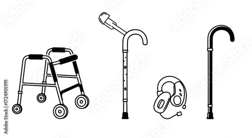 Supportive mobility aids including walker, hearing aid, and canes offer independence and care for elderly and disabled individuals in need of assistance