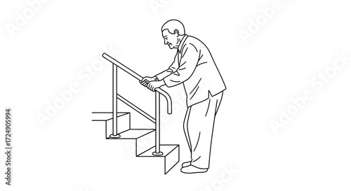 Senior man carefully walking down stairs with handrail, promoting safety and accessibility in homes and healthcare facilities with line art