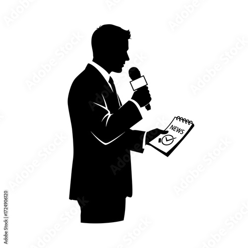 Minimalist Black Vector Silhouette Focused Investigative Journalist Researching Critical News
