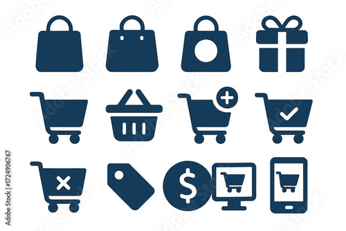 Shopping cart and bag icons with gift and price tags for e-commerce design