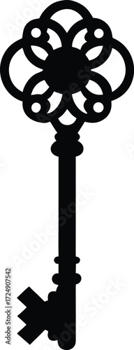 Golden Key with Ornate Handle on White Background