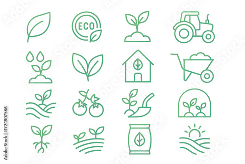 Eco-friendly farming line icons: sustainability, agriculture, and organic growth
