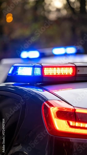 A close-up view showcasing a police vehicle with activated lights, including blue flashing lights on the roof and a red rear light.