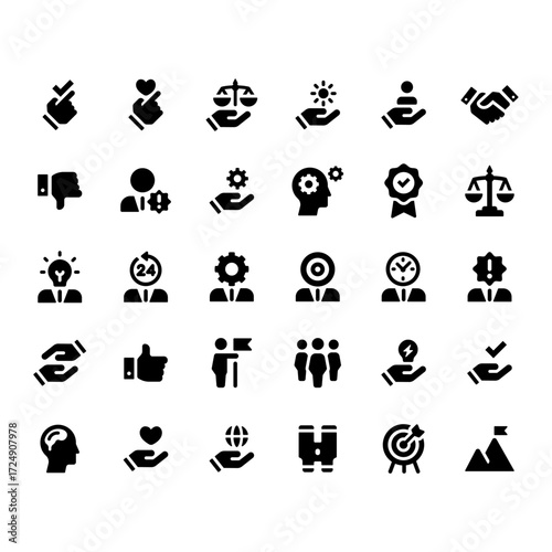 Business values and ethics icon set. A collection of simple solid glyphs for concepts like integrity, responsibility, teamwork, and quality
