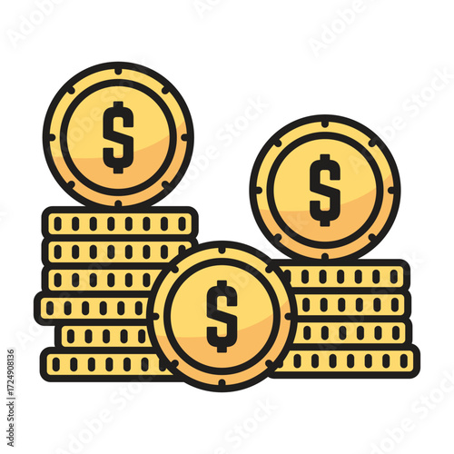 Stacks of gold coins with dollar signs