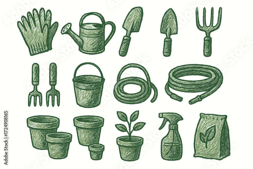 Hand-drawn gardening tools: trowel, shovel, gloves, pots, hose, watering can