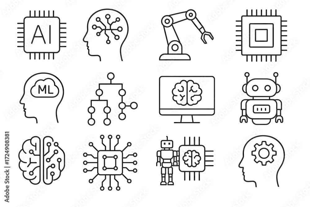 Fototapeta premium Artificial intelligence and machine learning icons with robot and circuit symbols