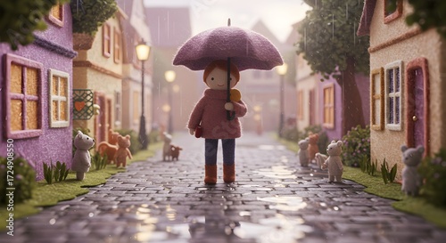 Fototapeta Naklejka Na Ścianę i Meble -  Child with umbrella in rainy street