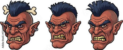 Cartoon fierce character illustration, blue hair warrior face, angry expression mascot, fantasy tribal fighter design, snarling monster head, stylized drawing, graphic art, gaming avatar