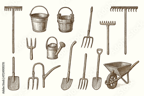 Vintage garden tools: rakes, buckets, shovels, and wheelbarrow illustration