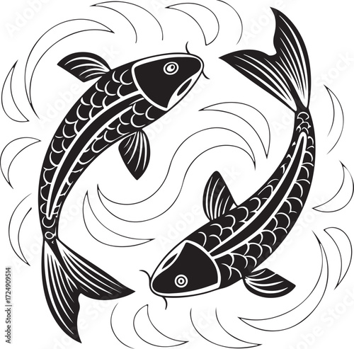 Two Black Silhouette Koi Fish in a Circular Swirl Keywords: koi fish, carp, fish silhouette