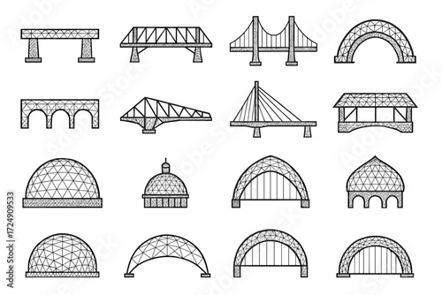 Collection of various bridge and dome architectural designs in black and white