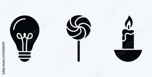 Iconic set of lightbulb lollipop and candle representing ideas and celebration