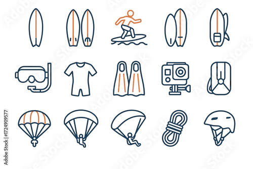 Outline icons of surfing, snorkeling, paragliding, and adventure gear