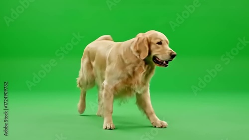 Happy Golden Retriever Dog Walking Towards and Away from Camera on Green Screen Background