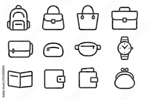 Outline icons of bags, wallets, watch, and accessories