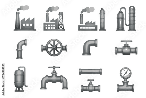Industrial equipment and machinery icons set featuring factories and pipelines