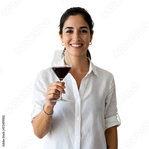 Smiling woman in white shirt holds glass of red wine on white or transparent background