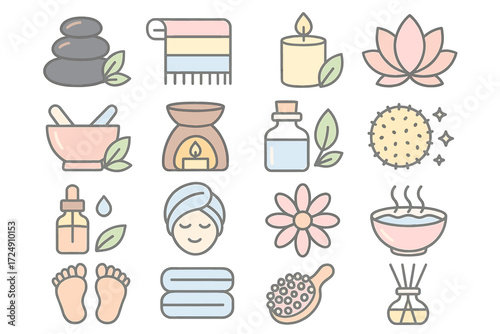 Spa icons collection featuring candles, flowers, massage and aromatherapy elements