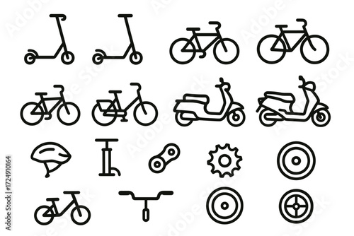 Outline icons of bicycles, scooters, and bicycle accessories