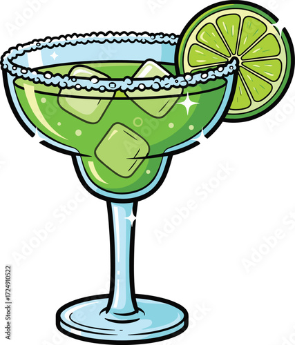 Green margarita cocktail with lime slice, ice cubes, and salt rim in glass for summer drink vector and festive design themes