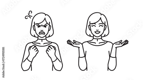 Woman showing two different emotions Happy and angry line art Vector i