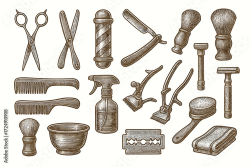 Vintage barbershop tools collection with razors, combs, brushes, and scissors