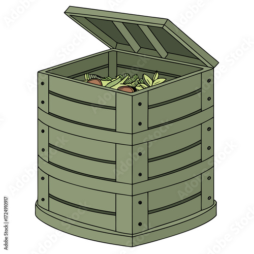 Wooden compost bin filled with organic waste and kitchen scraps with the lid open illustrating sustainable gardening and waste management practices