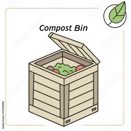 A simple illustration of an open wooden compost bin filled with organic waste symbolizing sustainable living and waste reduction